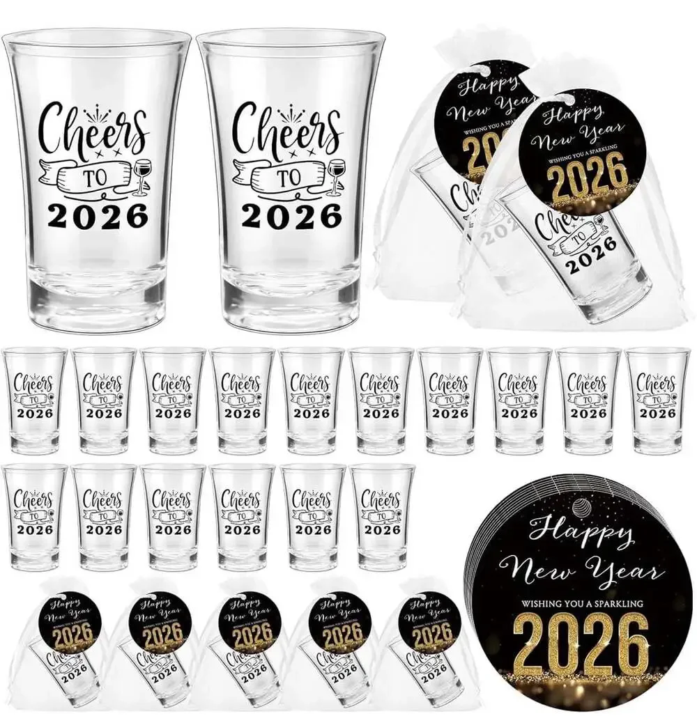 18 Sets 2026 New Year's Eve Party Favors, Acrylic Clear Shot Glasses with Cheers